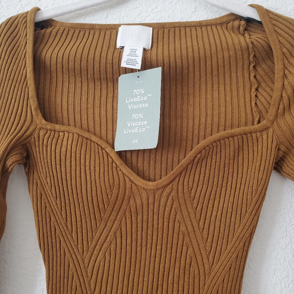 H&M Olive Green Ribbed Sweetheart Neckline Top Sweater XS NWT